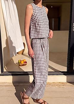 PRETTYGARDEN Womens 2 Piece Sets 2026 Summer Plaid Sleeveless Tops Wide Leg Pants Matching Lounge... | Amazon (US)