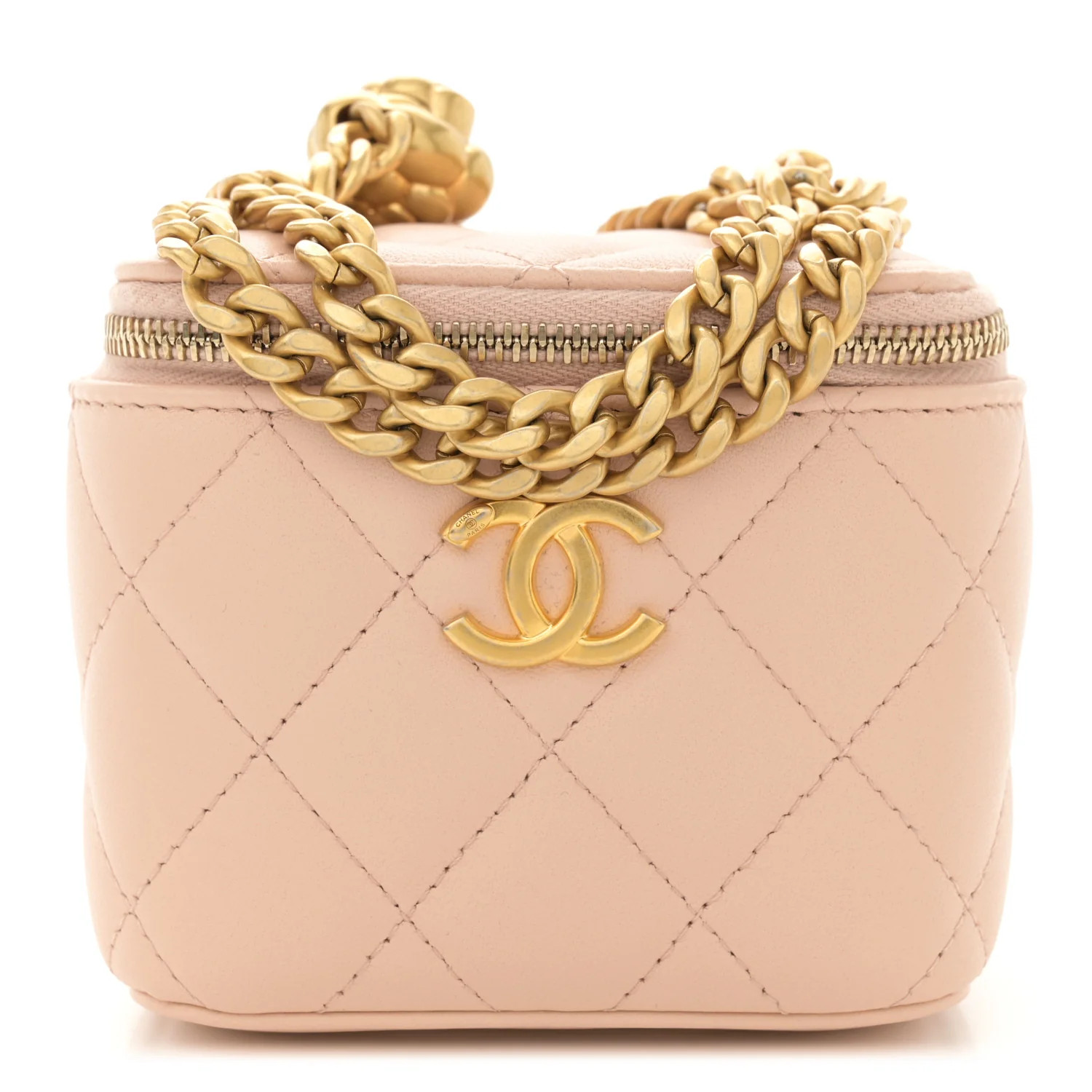 Lambskin Quilted Mini Sweet Camellia Vanity Case With Chain Beige | FASHIONPHILE (US)