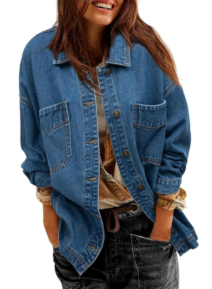 Sidefeel Women's Jean Jacket Oversized Boyfriend Button Up Long Sleeve Split Zimbaplatinum Denim ... | Amazon (US)