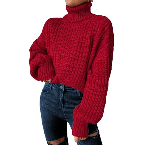 Women's Cropped Turtleneck Sweater Ribbed Knit Lantern Sleeve Pullover Sweater Jumper Fall Outfit Red 3X-Large | Amazon (US)