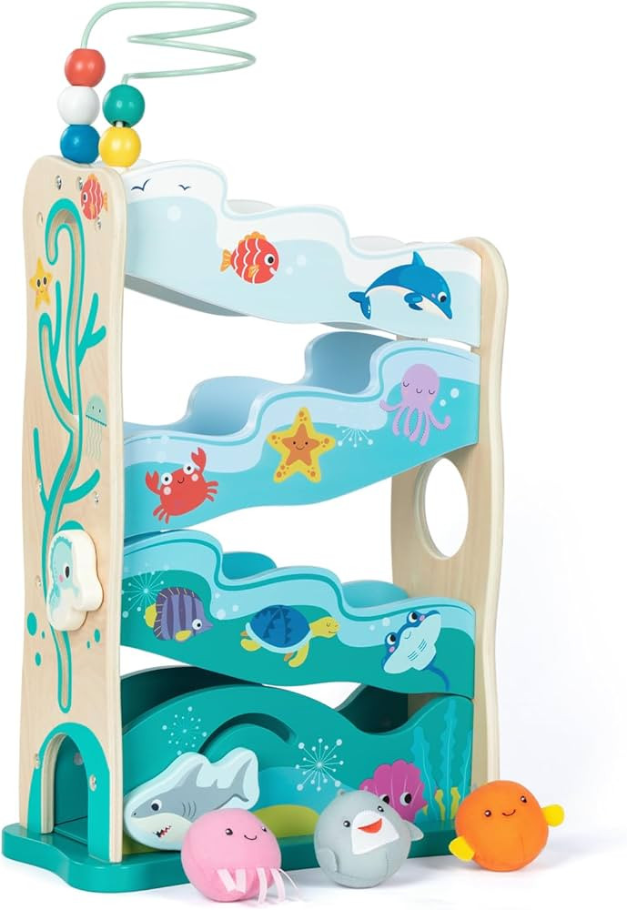 Montessori Toys for 1 2 Year Old, Rundad Wooden Ocean Slide Set, Ball Drop Baby Toy with 4 Ramp R... | Amazon (US)