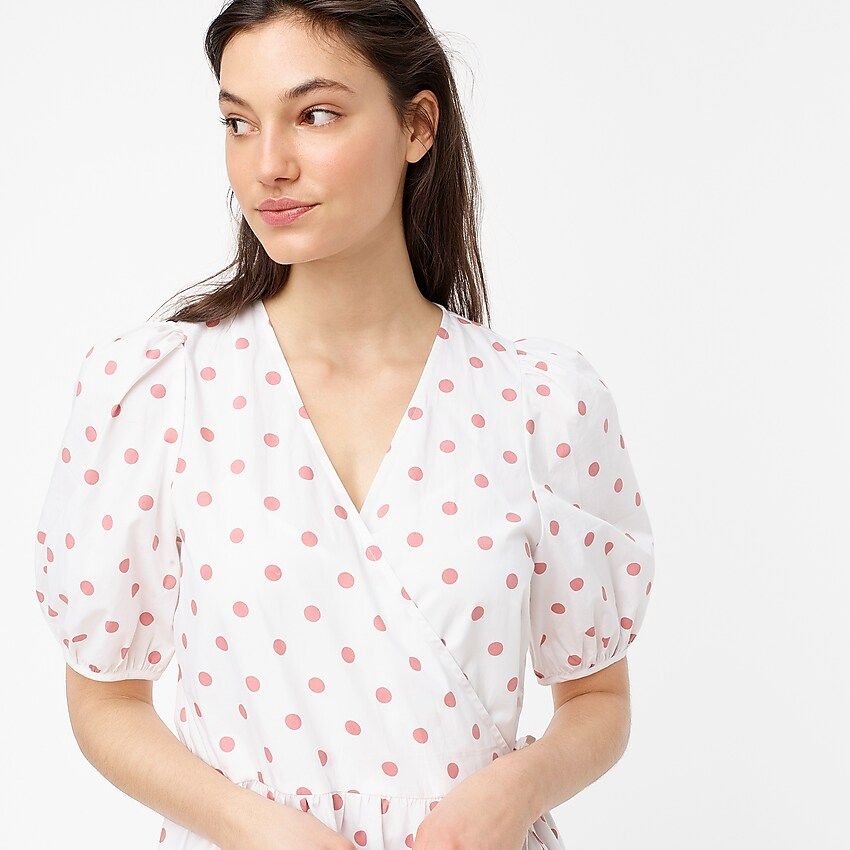 Puff-sleeve cotton poplin wrap dress in white rose dot | J.Crew US