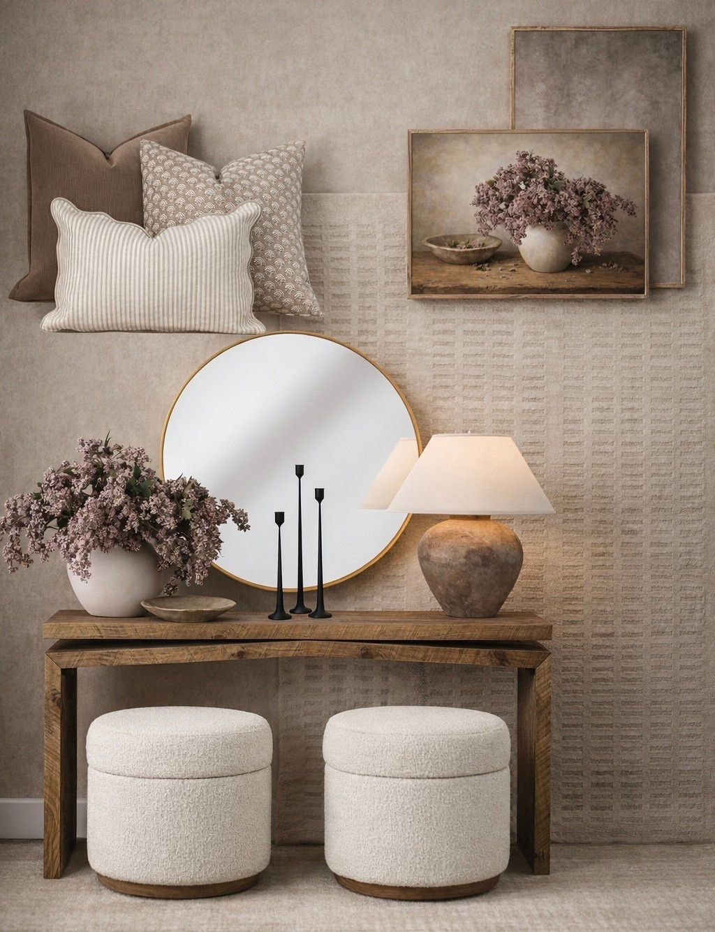 Neutral Entryway Console Styling with Textured Pillows, Round Mirror & Floral Artwork

Follow @farmtotablecreations on Instagram for more curated home finds 🤍

This warm neutral console setup blends texture, softness, and timeless pieces for an effortlessly styled entryway or living space. I layered cozy patterned pillows, a soft neutral rug, and a clean round mirror to keep the look light and inviting, then grounded everything with warm wood tones and matte black accents. The floral artwork adds the perfect vintage-inspired touch and ties in beautifully with the soft mauve stems for a cohesive, designer feel.

You can use my code FARMTOTABLE for 15% OFF art & artwork, making it an easy way to elevate your space without overspending. These are the kinds of pieces that look high-end, mix seamlessly with existing décor, and work year-round.

#entryway #console #entrywaydecor #homedecor #neutraldecor #throwpillows #area rug #wallart #mirror #tablelamp #ottoman #homefinds #amazonhome



#LTKsalealert #LTKfindsunder50 #LTKhome