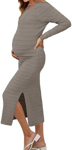 OUGES Womens 2025 Fall Maternity Dress Long Sleeve Crewneck Side Slit Midi Dress Bodycon Knit Swe... | Amazon (US)