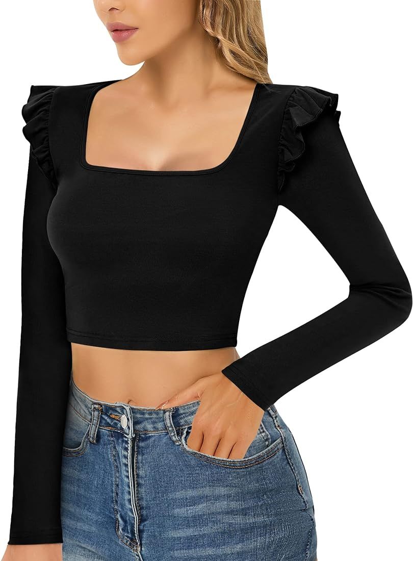 CLOZOZ Cute Crop Tops for Women Ribbed Square Neck Ruffle Sleeve Going Out Tops for Women Long Sl... | Amazon (US)