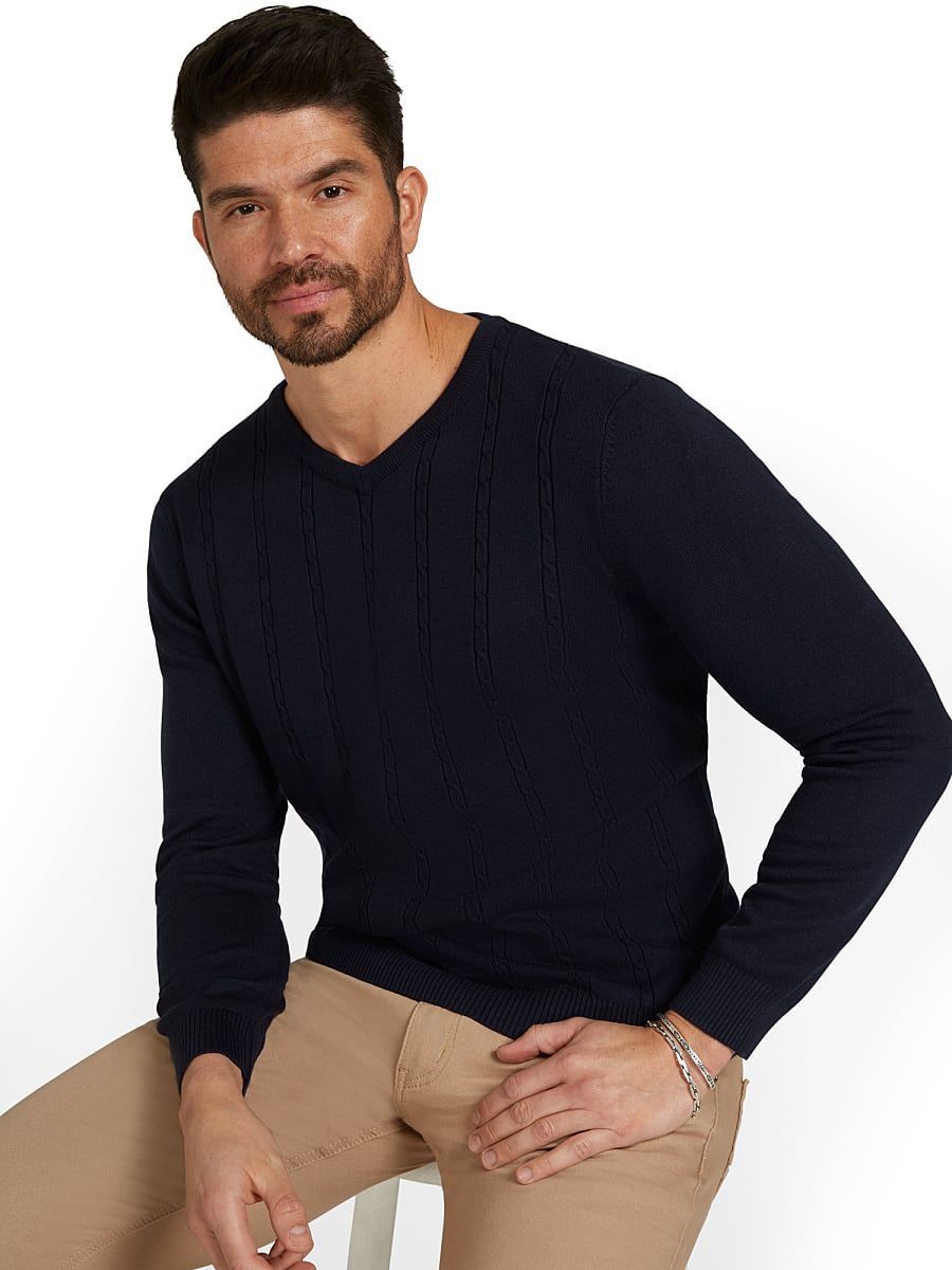 NY & Co Men's Contrast Seams V-Neck Sweater Navy Blue Size X-Large Polyester/Viscose | New York & Company