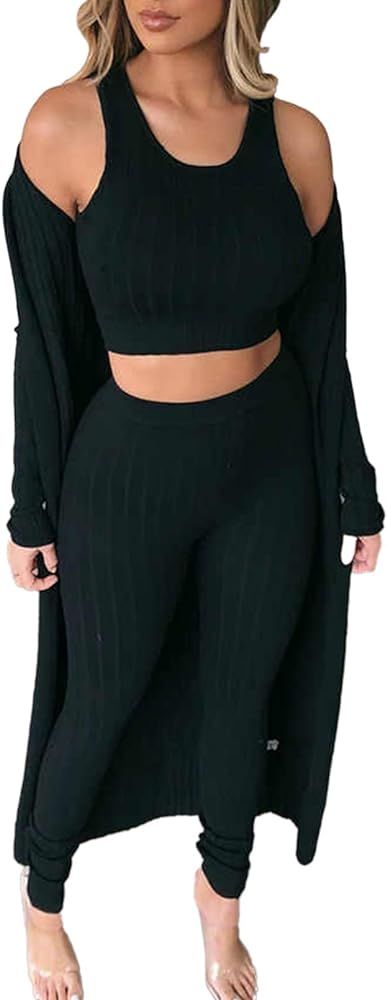 Linsery Women Ribbed Sexy 3 Piece Outfits Crop Tank Top High Waist Bodycon Pants Open Front Cardigan | Amazon (CA)