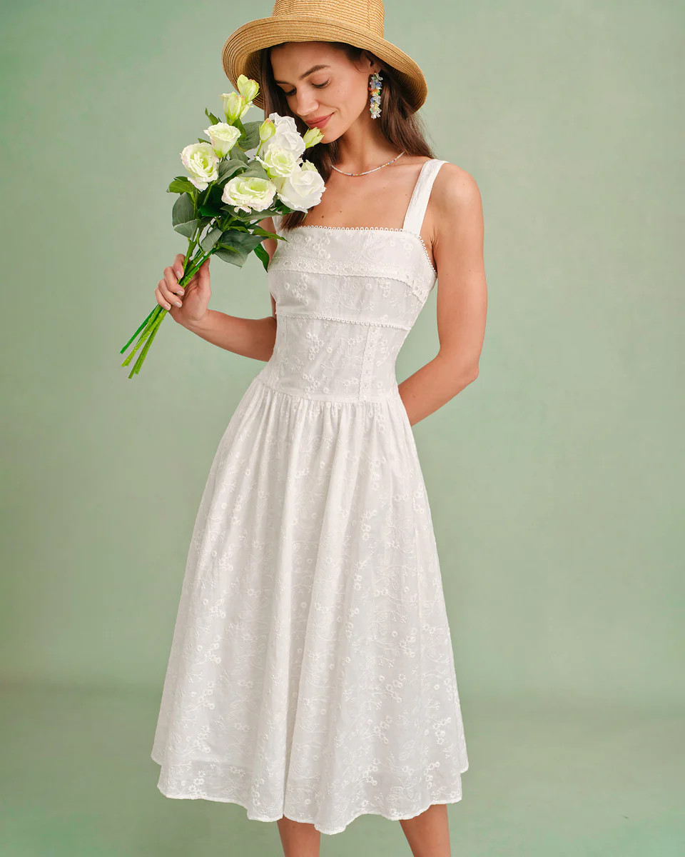 White Square Neck Slip Midi Dress | rihoas.com