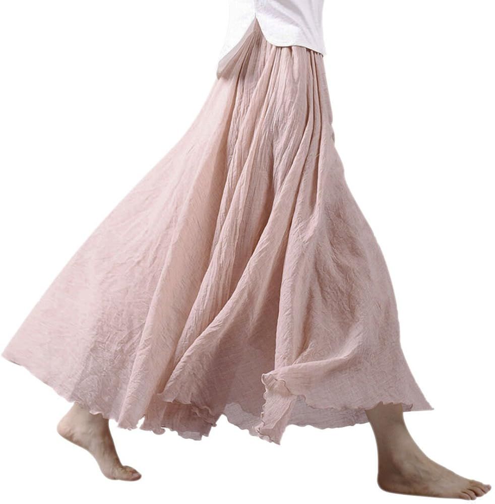 Women Bohemian Cotton Linen Double Layer Elastic Waist Long Maxi Skirt | Amazon (US)