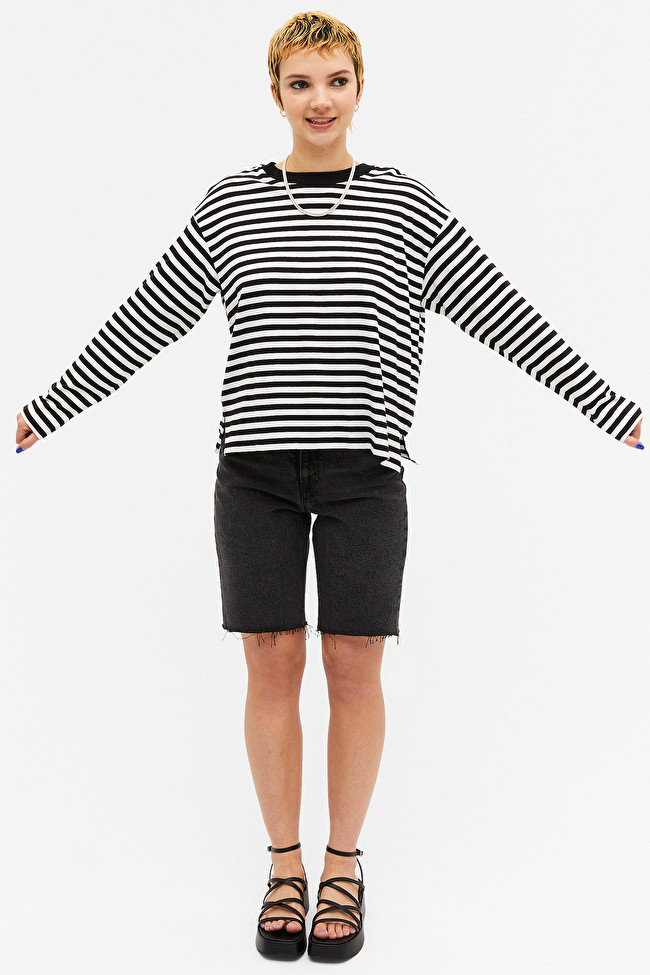 Black striped soft long-sleeve top
                  			
				£18 | Monki