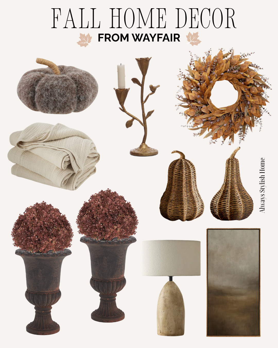 WAYFAIR Fall Decor | Fall Decor Finds, Wayfair fall decor, fall home decor, neutral fall decorating, cozy fall home, autumn decorating ideas, fall wreath, pumpkin decor, felt pumpkins, pumpkin pillows, rattan pumpkins, wicker details, wreath, fall florals, gold candlesticks, outdoor planters, lamp, wall art, rustic pumpkin decor, vintage fall decor, centerpiece ideas, decorative storage boxes, vintage landscape art, fall vase filler, wicker pumpkins, earth tone home decor, cozy autumn aesthetic, fall decorating inspiration 

 #LTKSeasonal #LTKHome