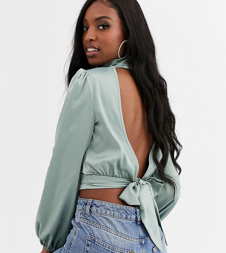 Missguided Tall satin high neck crop top with ruched sleeves-Green | ASOS (Global)