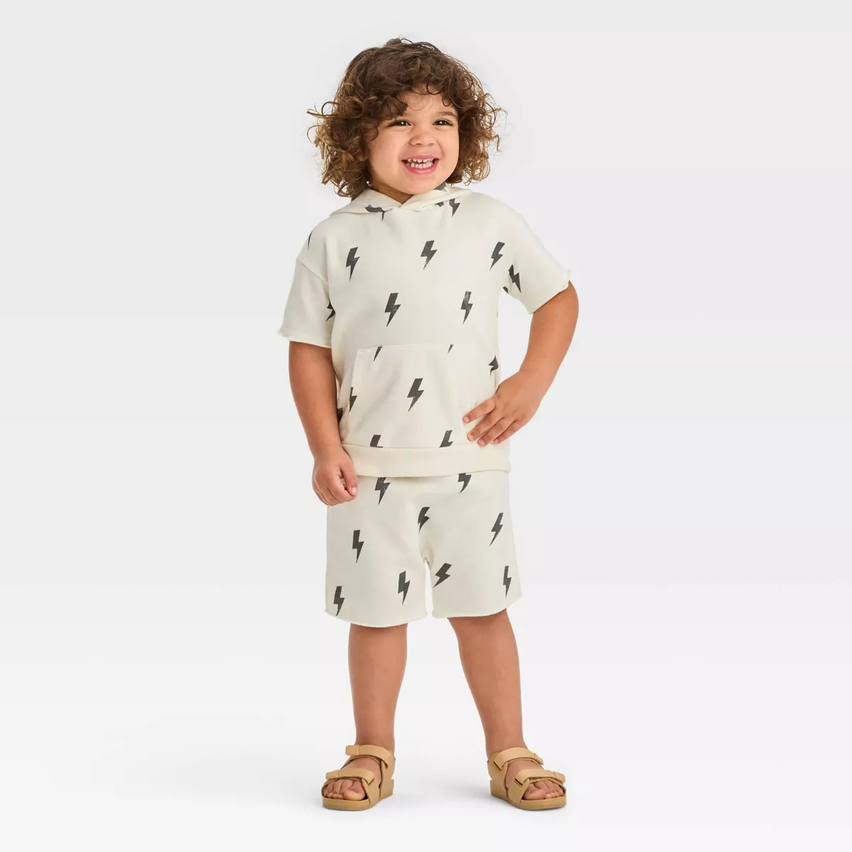 Grayson Mini Toddler Boys' Short Sleeve French Terry Lightning Bolt Hoodie - Off-White | Target