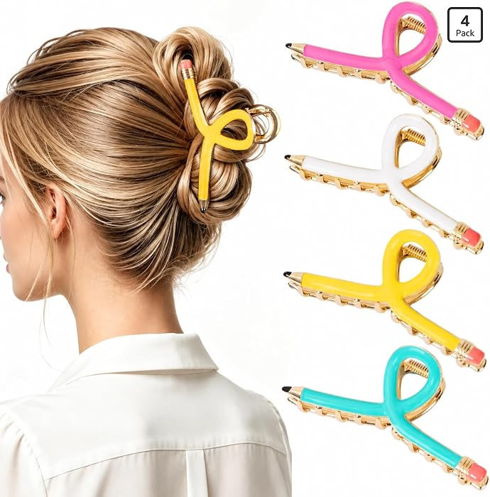 4 PCS Pencil Hair Claw Clips for Women, Teacher Hair Clips for Thick Thin Hair, Cute Back to Scho... | Amazon (US)