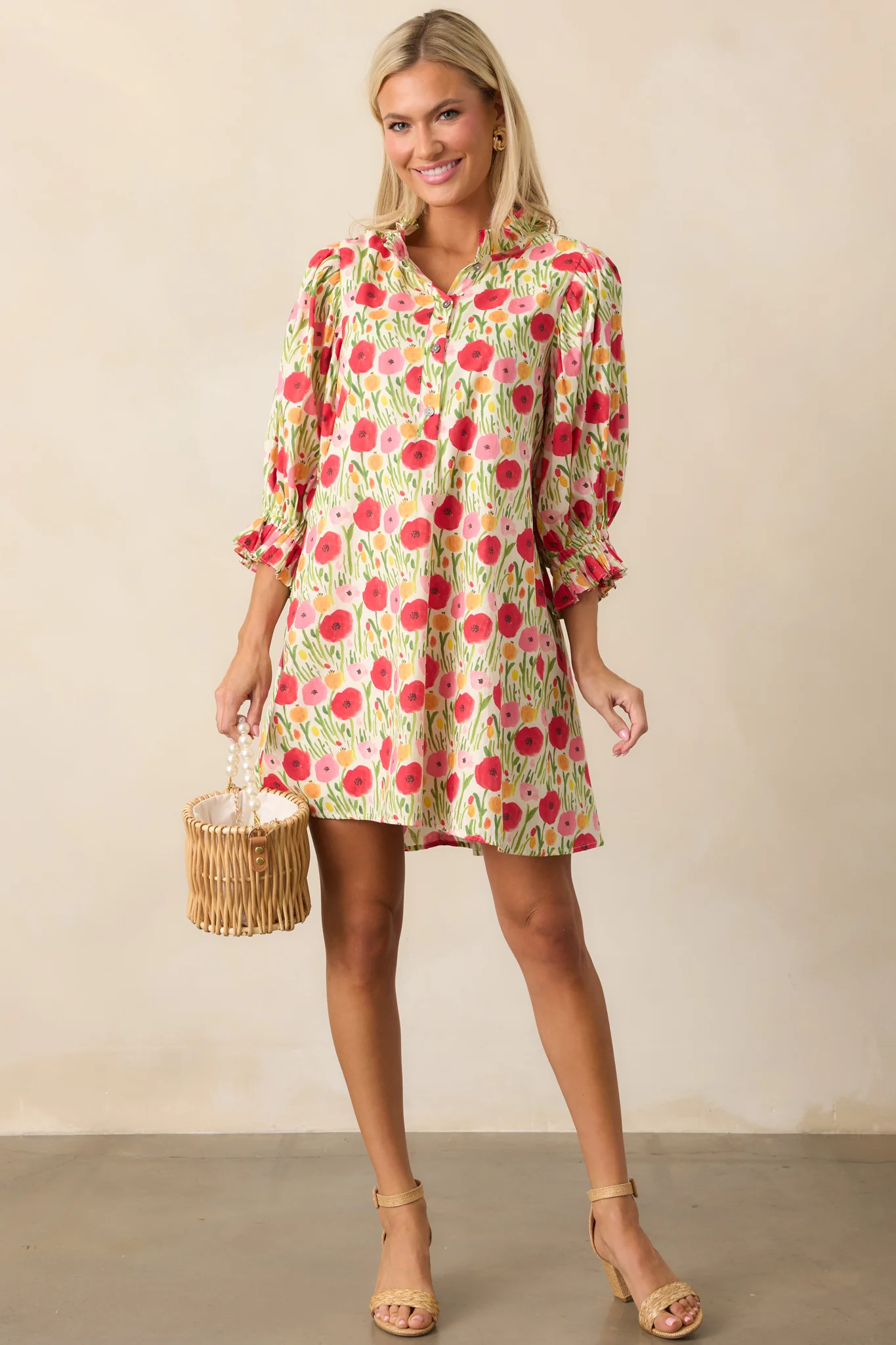 Rose Garden Cotton Red Floral Mini Dress | Red Dress