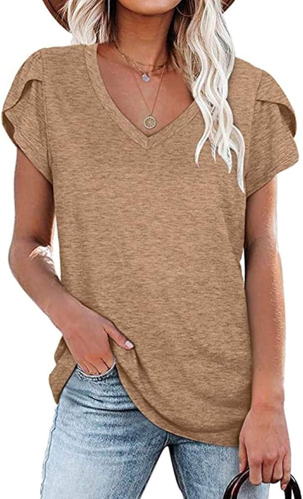 Womens Fashion V Neck Petal Sleeve Casual Cotton Short Sleeve T Shirts Tops | Amazon (US)