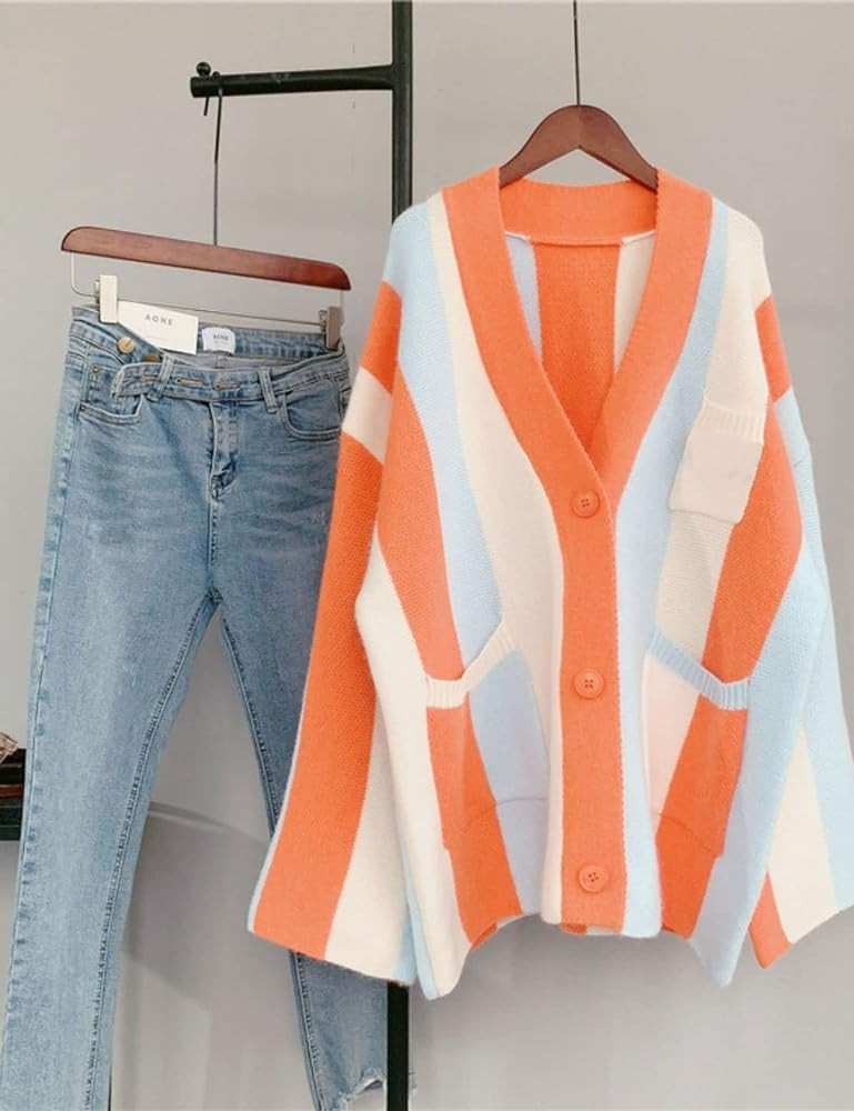 Unilexi Womens Loose Long Sleeve Rainbow Striped Cardigans Sweater Boho Color Block Chunky Knitte... | Amazon (US)