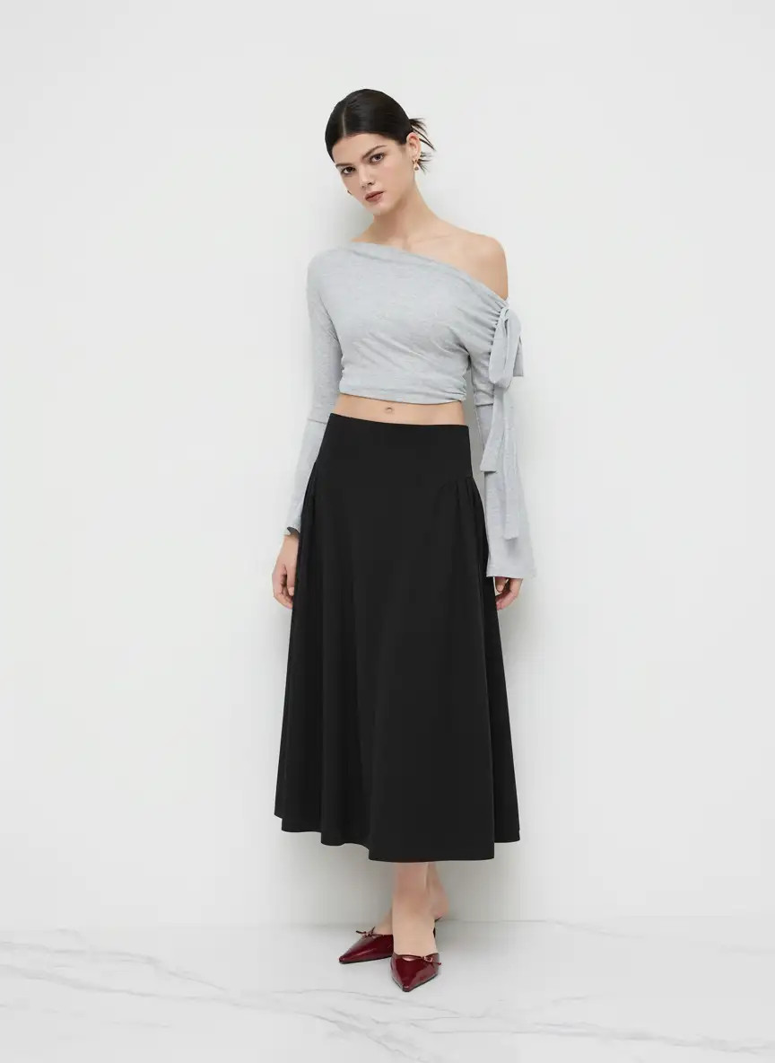 Woven Mid Rise Solid Pleated Maxi Skirt For Date Work | Cider