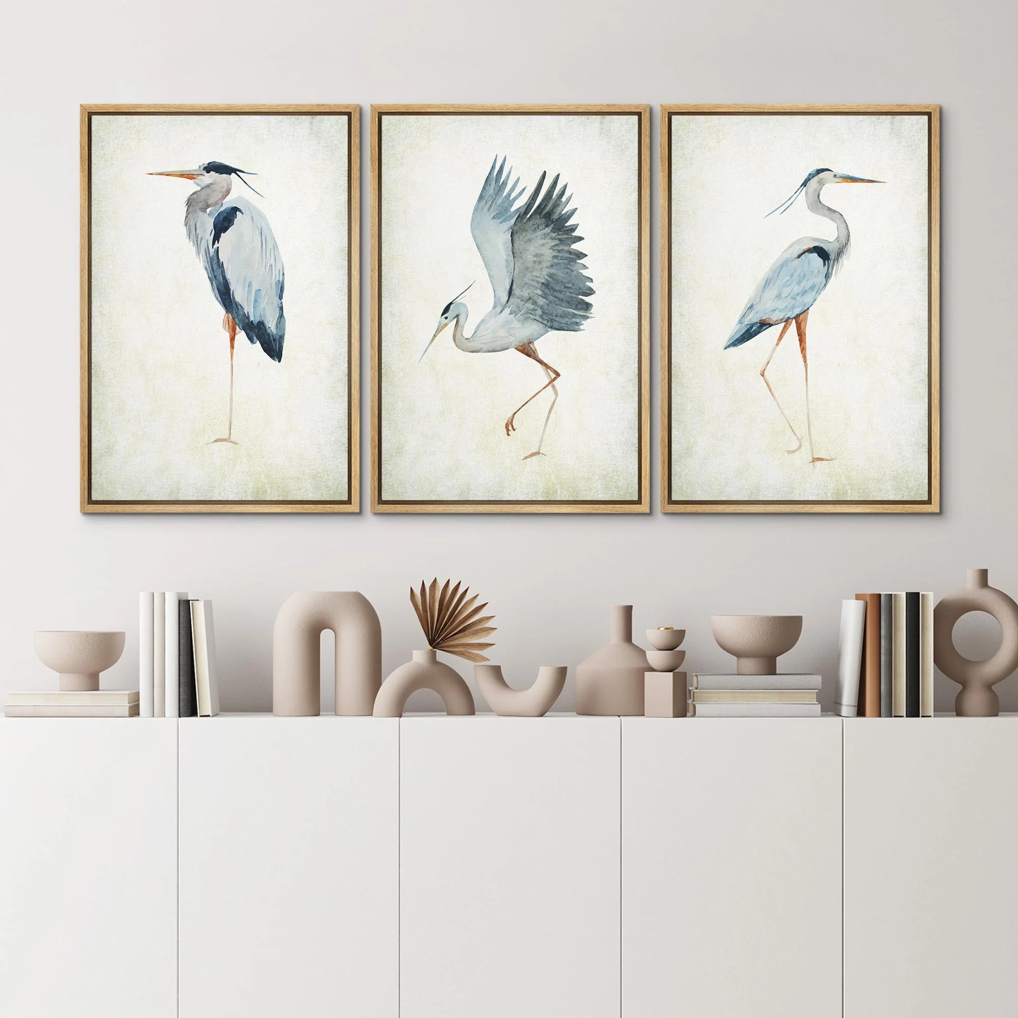Heron Crane Bird Animals Nautical Decor - Large Framed Canvas Living Room Wall Art Work Set 3 Pri... | Wayfair North America