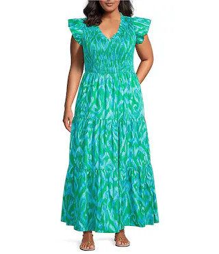 Plus Size Penola Abstract Sunfire Printed Split V-Neck Cap Sleeve Tiered Poplin Midi Dress | Dillard's
