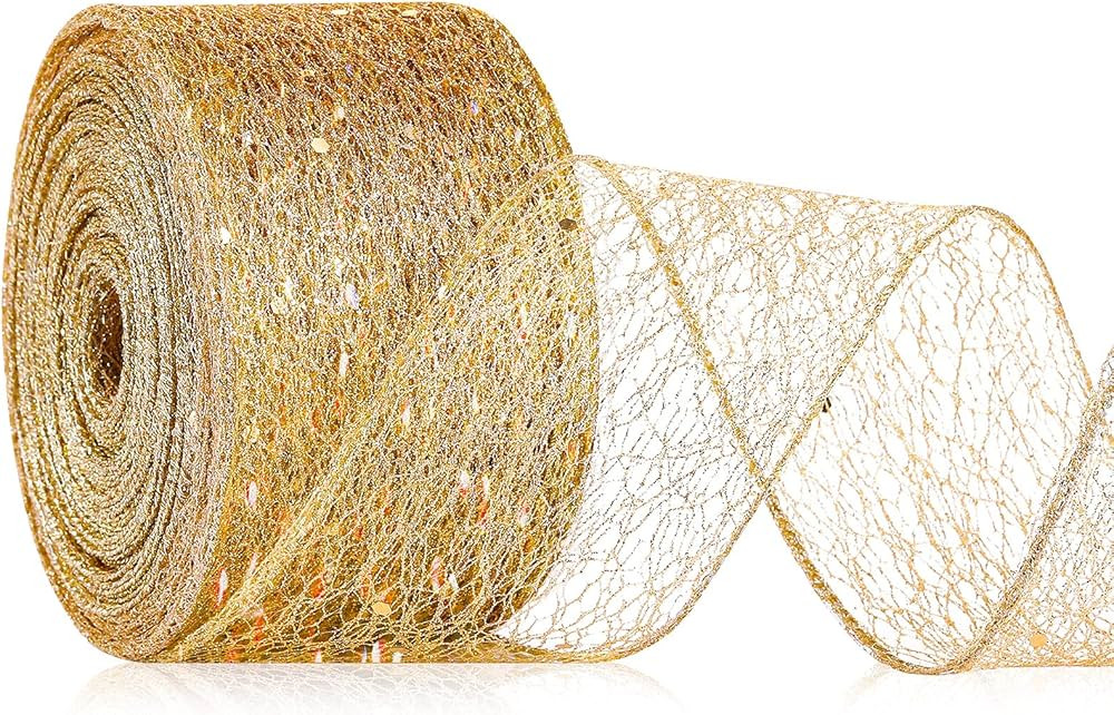 Glitter Ribbon Christmas Mesh Craft Ribbon Wired Metallic Polyester Web Sequins Decorative Ribbon... | Amazon (US)