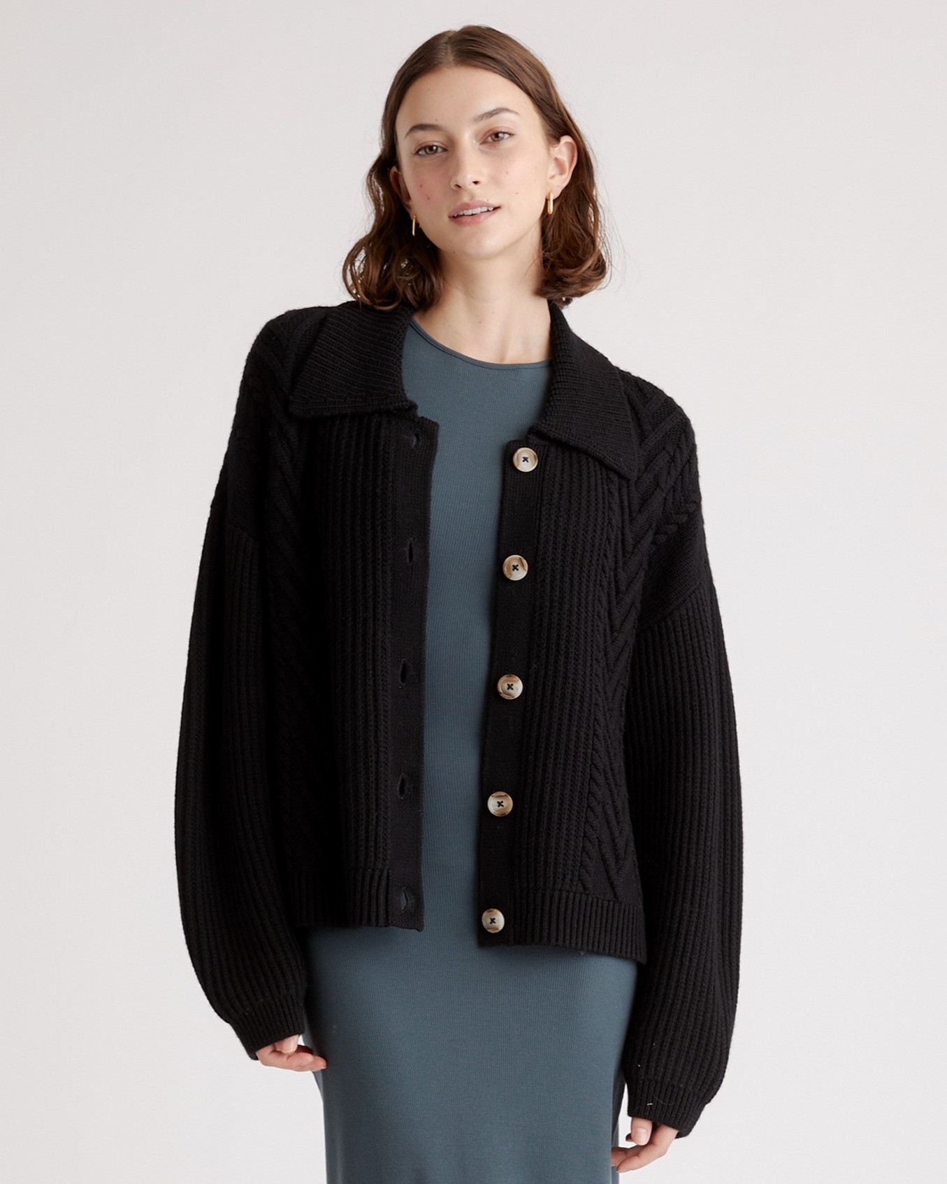 Quince | Women's Australian Merino Wool Collared Cardigan Sweater in Black, Size Small | Quince