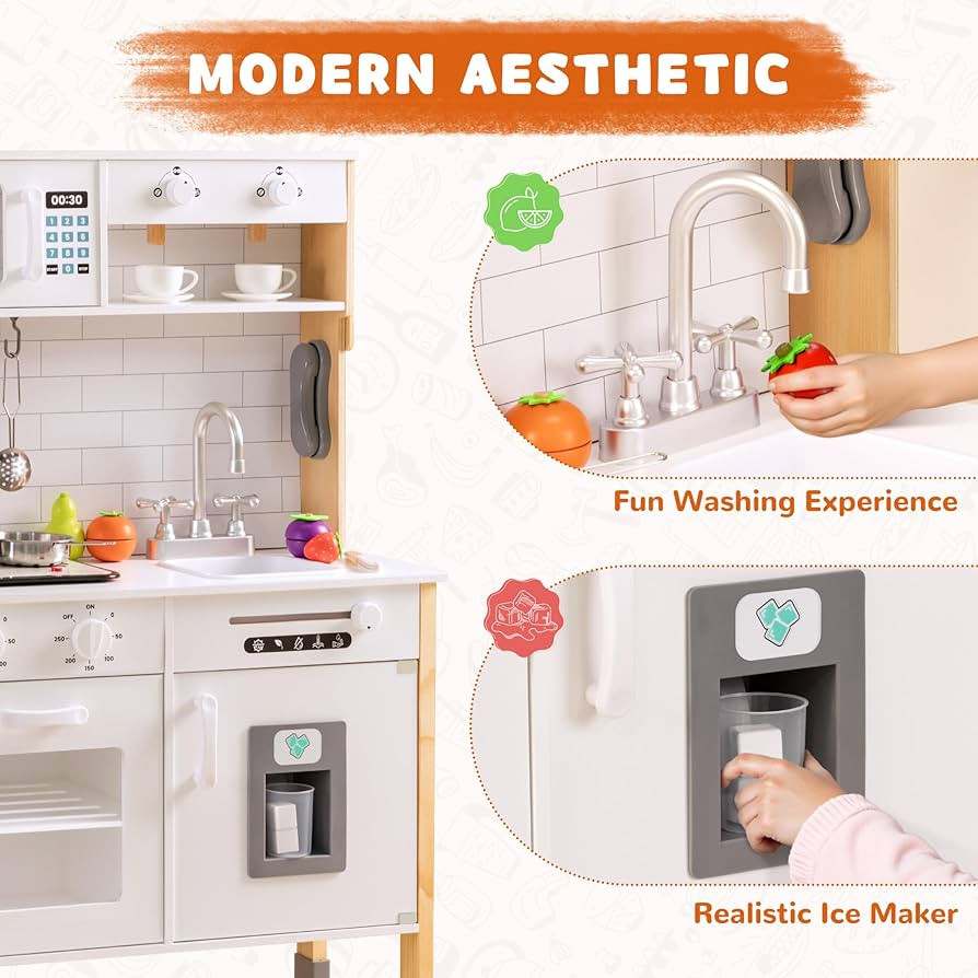 Play Kitchen for Kids Wooden Kitchen Toy Playset w/Light and Clicking Knobs, Chef Pretend Play Se... | Amazon (US)