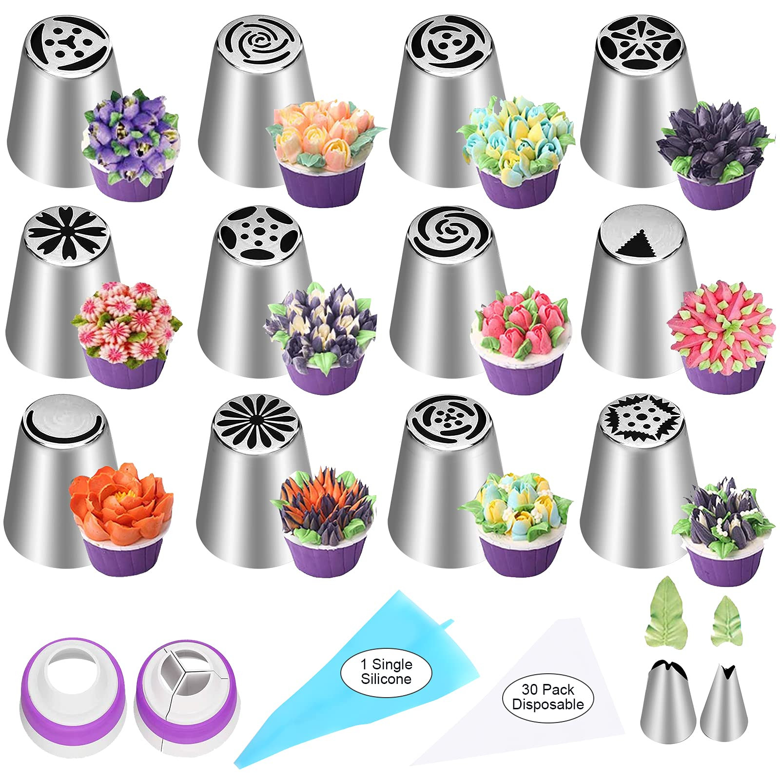 47 Pcs Russian Piping Tips Set, 12 Flower Frosting Nozzles Icing Tips for Cake Decorating Tips Ki... | Amazon (US)