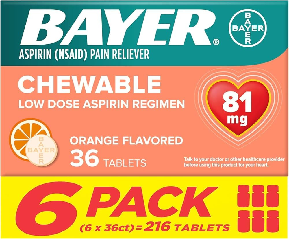 Bayer Aspirin Low Dose 81 mg Chewable Tablets, Pain Reliever, Orange Flavored, 216 Tablets (6 Pac... | Amazon (US)