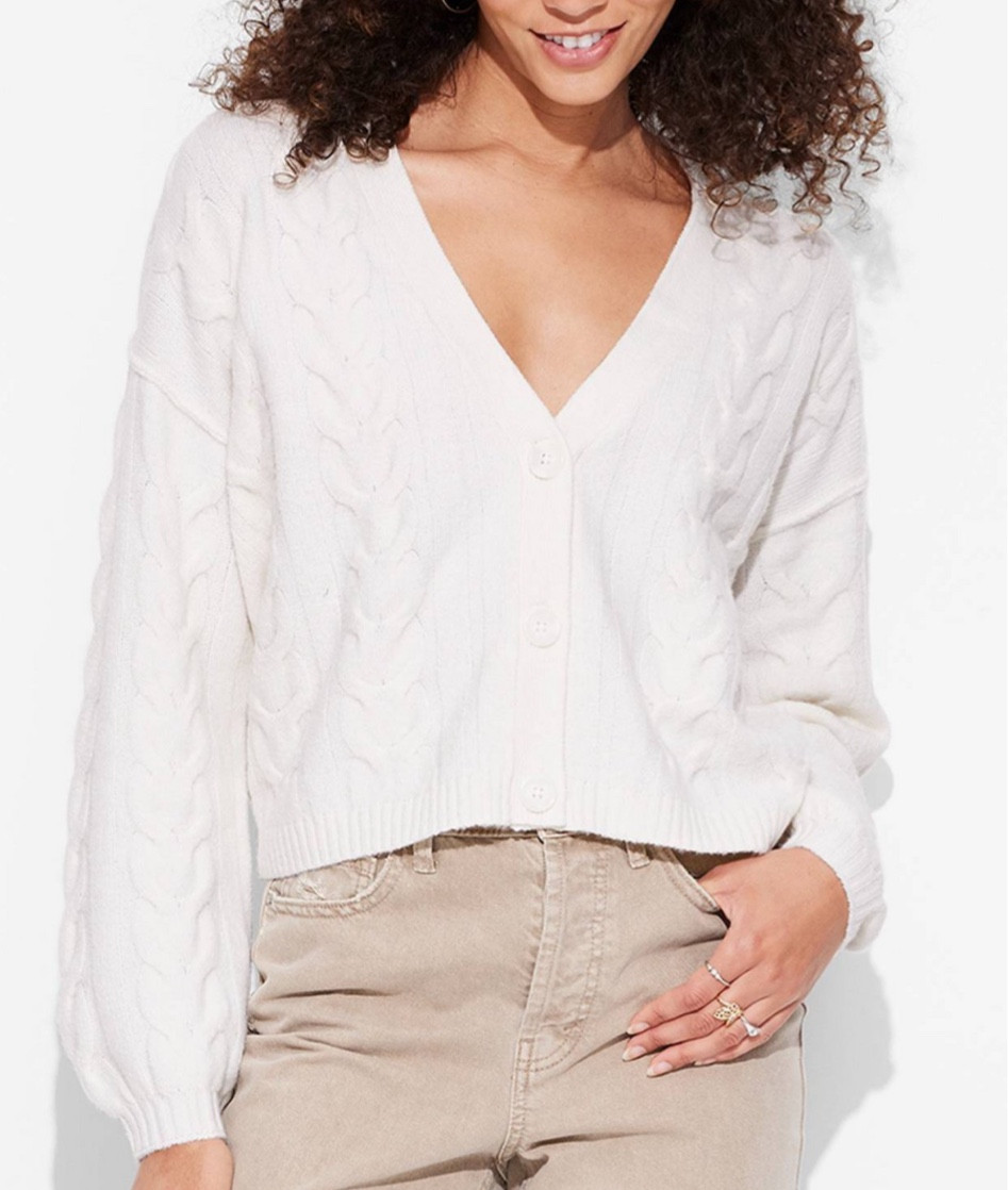 Oversized sweater cardigan in solid color
•	Cable pattern
•	Midweight fabric with spandex
•	Button-down front
•	Drop-shoulder long sleeves
•	Ribbed edges
•	Mid length
•	Recycled polyester

#LTKMidsize #LTKPlusSize #LTKSeasonal