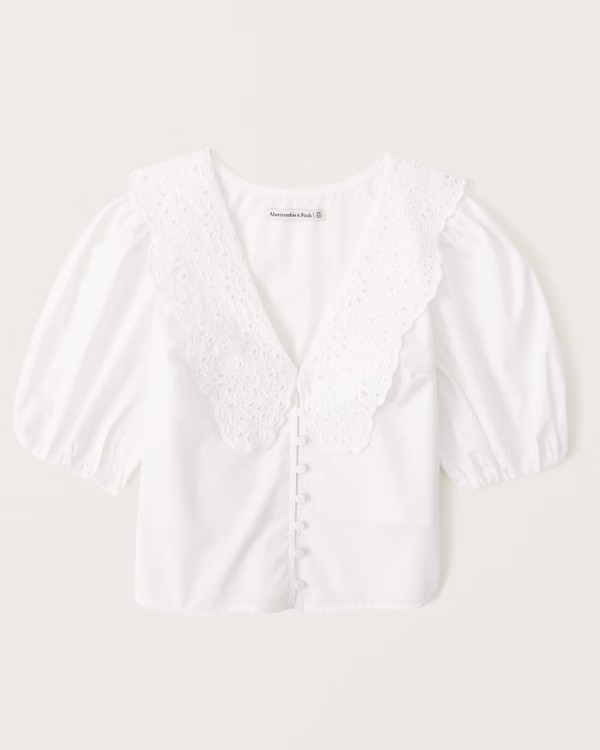 Women's Lace Collar Button-Through Puff Sleeve Top | Women's Tops | Abercrombie.com | Abercrombie & Fitch (US)