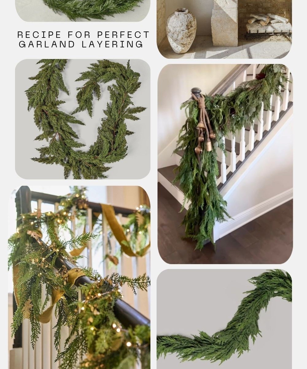 Recipe for perfect garland is….Layering!! 

Linked some real touch ones along with cedar branches. Mixing full ones with less full ones, mixing in different shades also helps. 

#garland #holidaydecor 

#LTKHome #LTKSeasonal #LTKHoliday