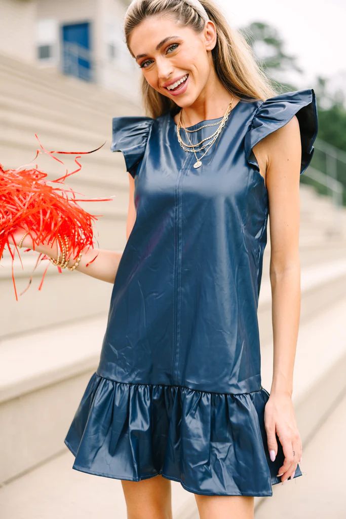 Always Ready Navy Blue Faux Leather Dress | The Mint Julep Boutique