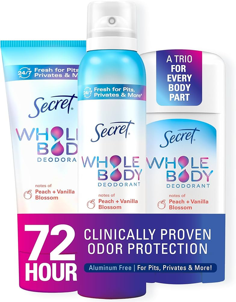 Secret Whole Body Deodorant For Women Stick, Spray & Cream Regimen Pack, Peach & Vanilla Scent, A... | Amazon (US)