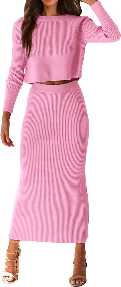 PRETTYGARDEN Women's Fall 2 Piece Sweater Set Rib Knit Long Sleeve Crop Top Maxi Bodycon Skirt Casua | Amazon (US)