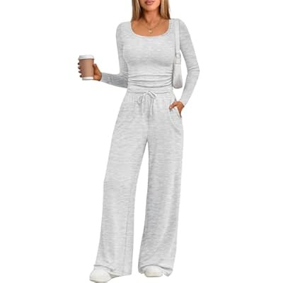 Trendy Queen 2 Piece Scoop Neck Lounge Set Womens Wide Leg Pants Side Ruchin… | Amazon (US)
