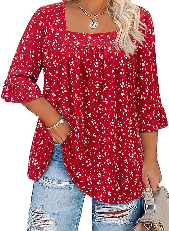 Amrto Plus Size Tops for Women Square Neck Tunic Blouses Summer Short Sleeve Casual Loose Fits Tu... | Amazon (US)