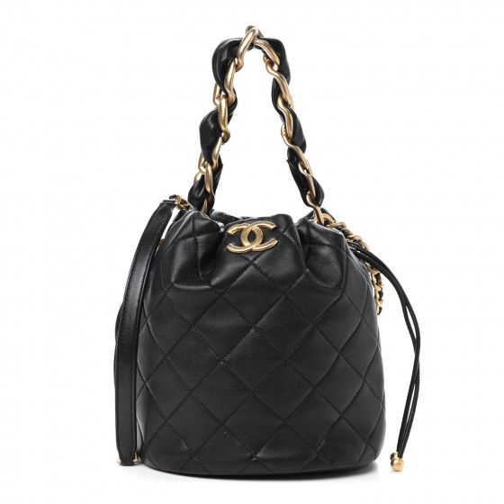 CHANEL

Shiny Lambskin Quilted Chain Is More Drawstring Bag Black | Fashionphile