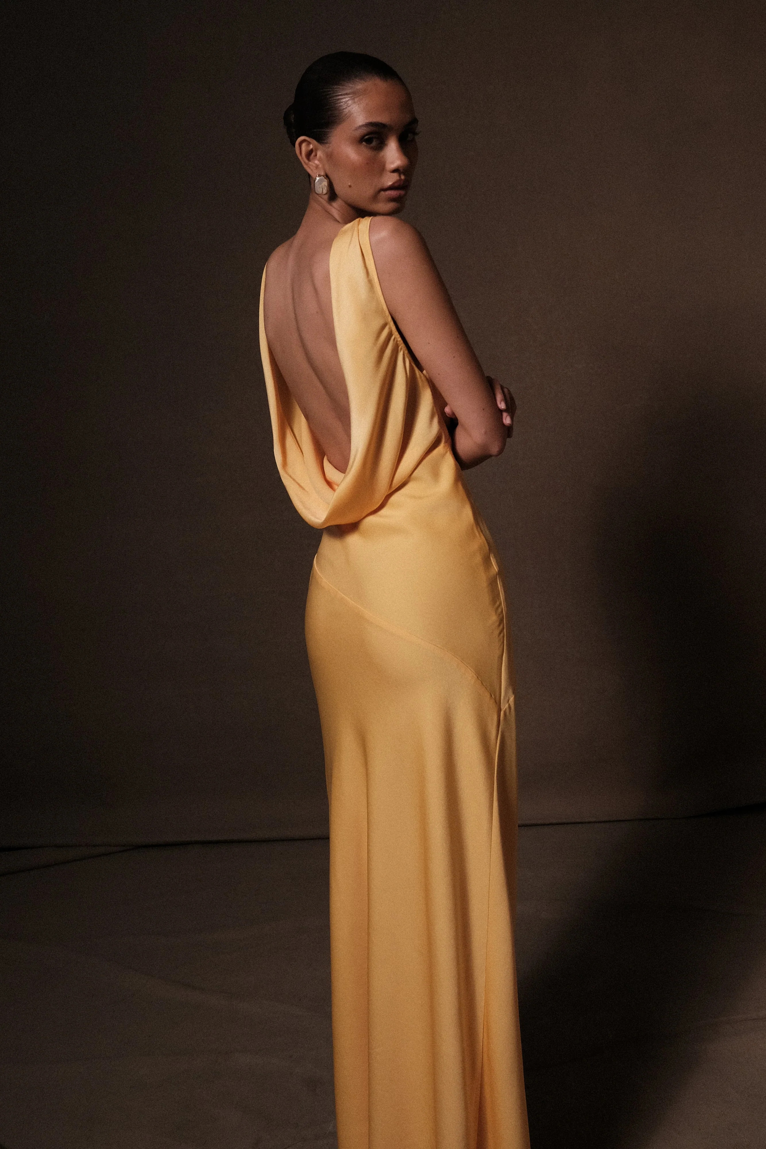 Nadia Maxi Satin Dress With Back Cowl - Lemon | MESHKI US