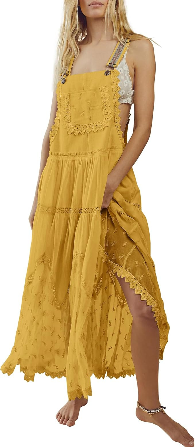 Gacaky Summer Dress for Women Casual Floral Embroidered Bohemian Dress Adjustable Straps Bib Maxi... | Amazon (US)