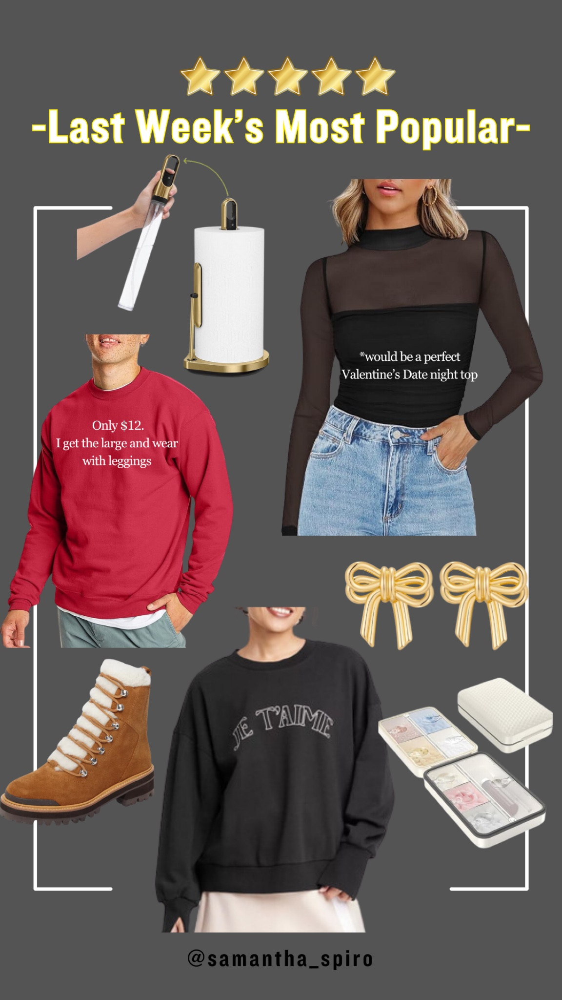 Last weeks most popular! My date night partial mesh top that is perfect for Valentine’s Day date night (I took a size small). // this magical paper towel holder which doubles as a cleansing spray bottle  (I use this feature daily) // a men’s sweatshirt I have in 5 colors now - I grab a large to wear with sweats or leggings. It makes a perfect travel day outfit // bow earrings are always a good idea // these designer boots for 83% off! // a perfect I love you neutral valentines sweatshirt. I grabbed a medium // and a pill box organizer I planned to use for travel but now use daily. I have the white  

#LTKSeasonal #LTKFindsUnder50 #LTKSaleAlert