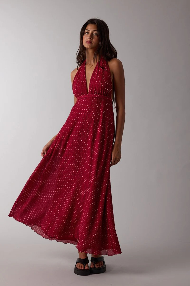 Red Polka Dot Halter Tie Open Back Maxi Dress | PinkBlush Maternity