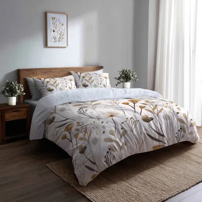 Floral Bedding Set - Beige Sand Garden Flowers Duvet Cover And Throw Pillow Set | Wayfair North America