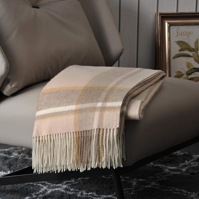 100% Pure Cashmere Throw Blanket for Sofa, Beige Border | Amazon (US)