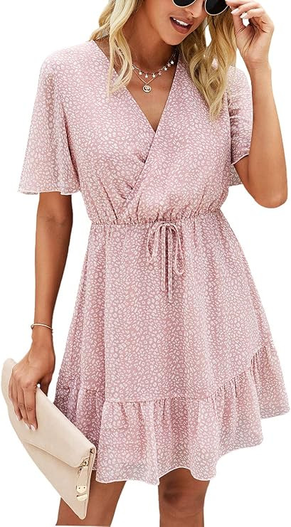 KIRUNDO 2021 Women’s Summer Short Sleeve Ruffle Floral Dress V Neck High Waist Layer Short Mini... | Amazon (US)