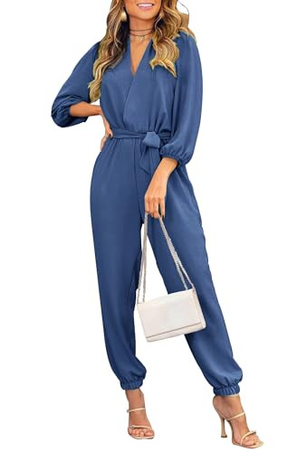 PRETTYGARDEN Long Sleeve Jumpsuits for Women Dressy Casual, Denim Blue,M | Amazon (US)