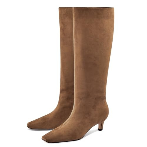 Adrizzlein Brown Knee High Boots Women Kitten Heel Square Toe Tall Boots Suede Wide Calf Pull On Long Boots Brown Size 7.5 | Amazon (US)