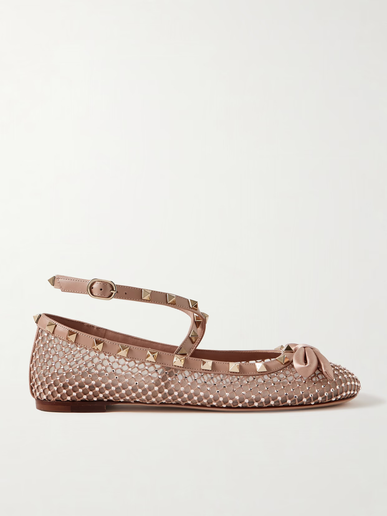 Valentino Garavani - Rockstud Leather And Satin-trimmed Crystal-embellished Tulle Ballet Flats - Pink | NET-A-PORTER (US)