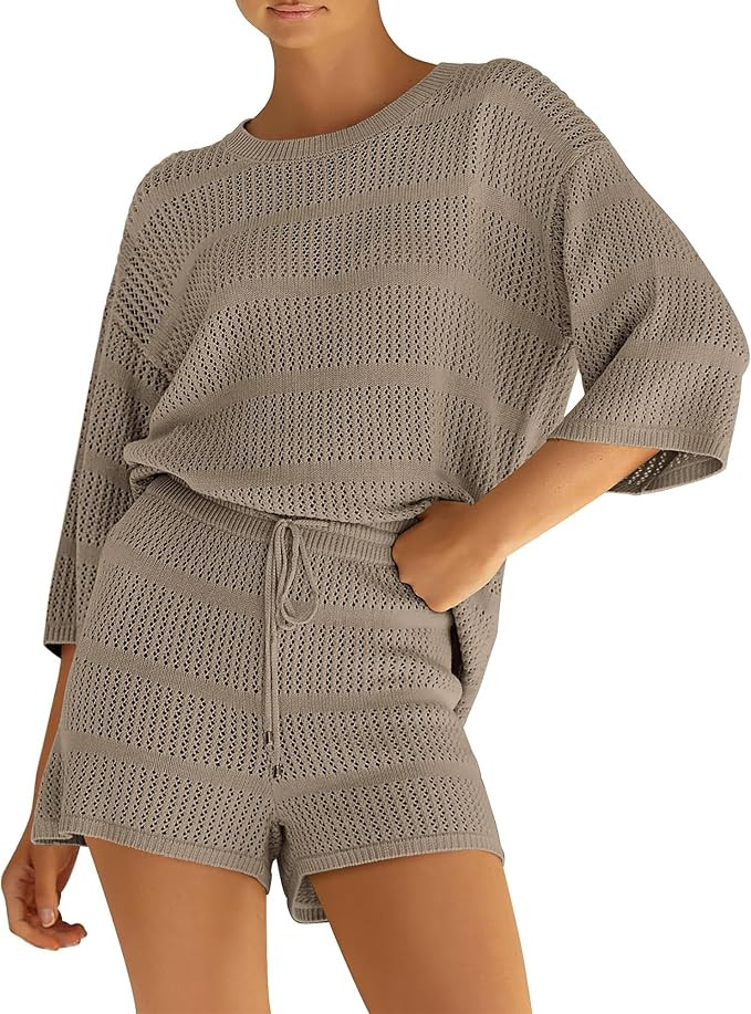 PRETTYGARDEN Women's Summer 2 Piece Swimsuit Coverup Hollow Out Knit Half Sleeve Tops Shorts Sets... | Amazon (US)