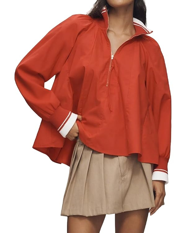 Women Half Zip Puff Sleeve Sporty Henley Blouse Dressy Casual Loose Fit Swing Tops Tunic Shirts | Amazon (US)